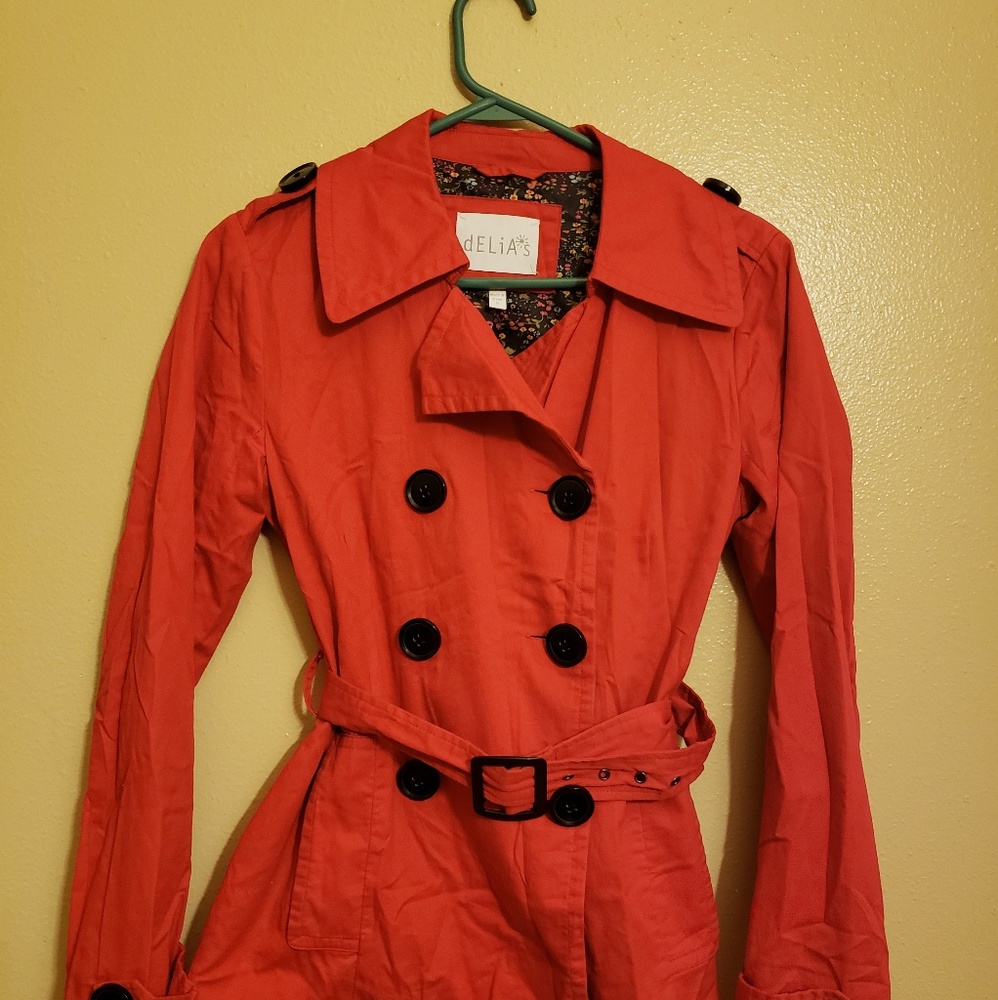 Bright Red Delia's Belted Peacoat Size Small